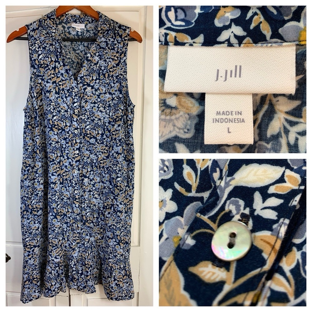 J. Jill Navy Floral Midi Dress with Cream and Mustard Accents